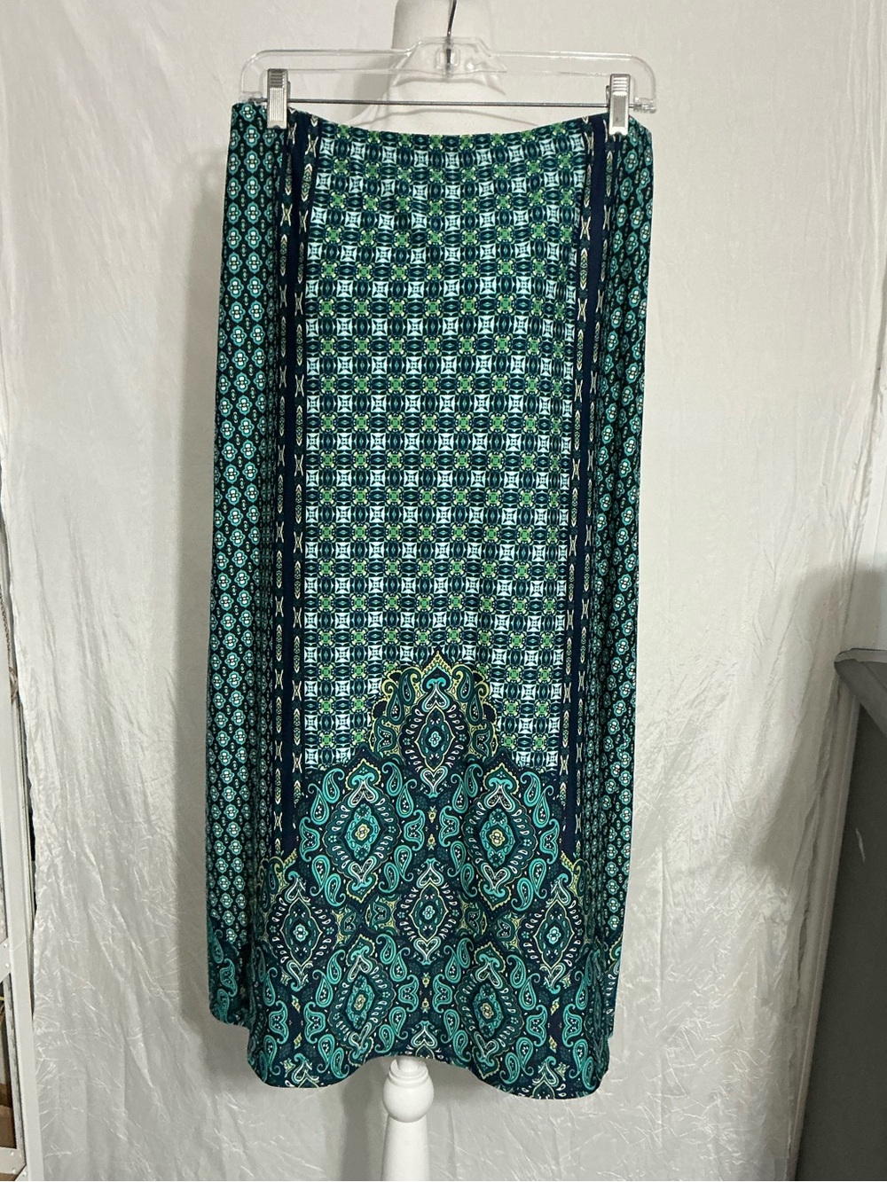 Southern Lady Green Teal Patterned Maxi Skirt